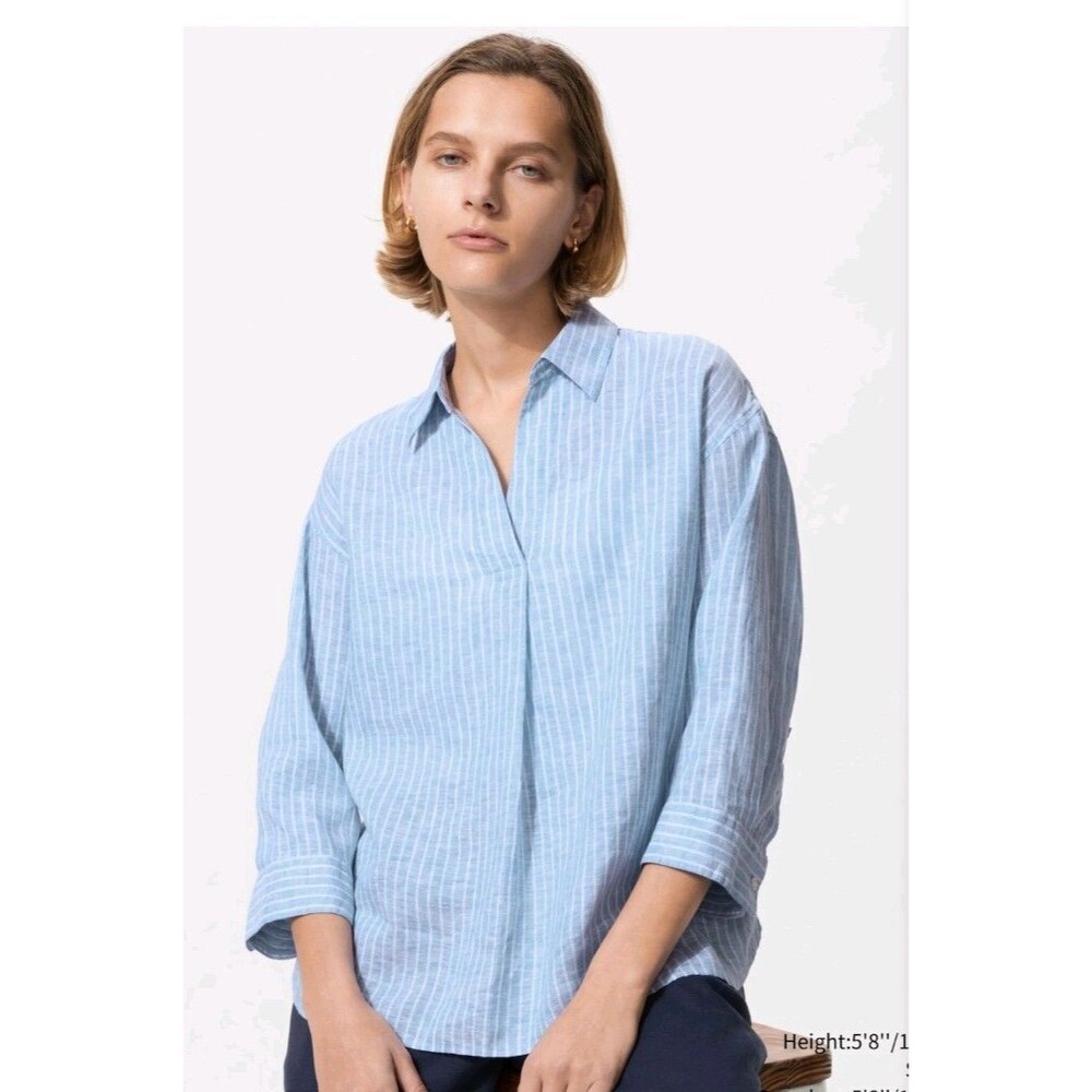 Uniqlo Premium Linen Skipper Collar 3/4 Sleeve Blouse Blue White Striped Size XL
